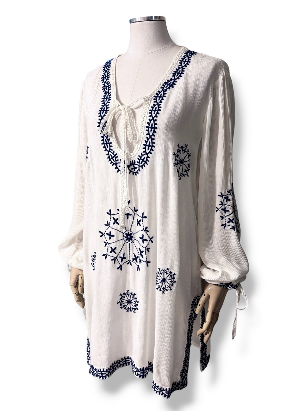 LUCKY & COCO Boho White Crinkle Tunic Blue Embroidery Lace Ties
